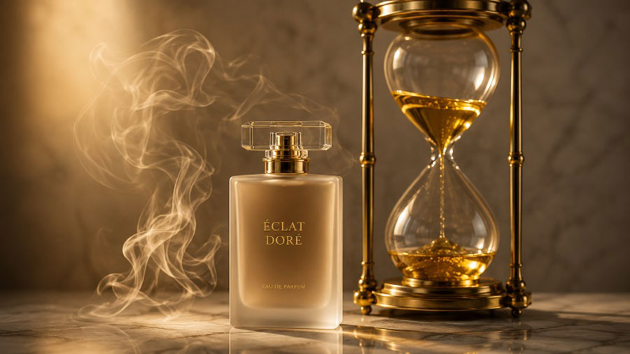 Флакон духов Éclat Doré от Eau de Parfum рядом с золотым песочным часами и клубами ароматного дыма на мраморной поверхности