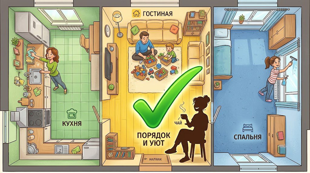 Иллюстрация уютной квартиры с зонированием: кухня, гостиная, спальня. В центре — большая галочка и надпись 'Порядок и уют'. Люди занимаются бытовыми делами: уборкой, игрой с детьми и отдыхом
