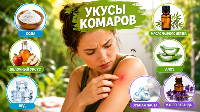 Женщина чешет укус комара на руке, вокруг изображены народные средства: сода, яблочный уксус, лед, алоэ, масло чайного дерева, зубная паста, масло лаванды