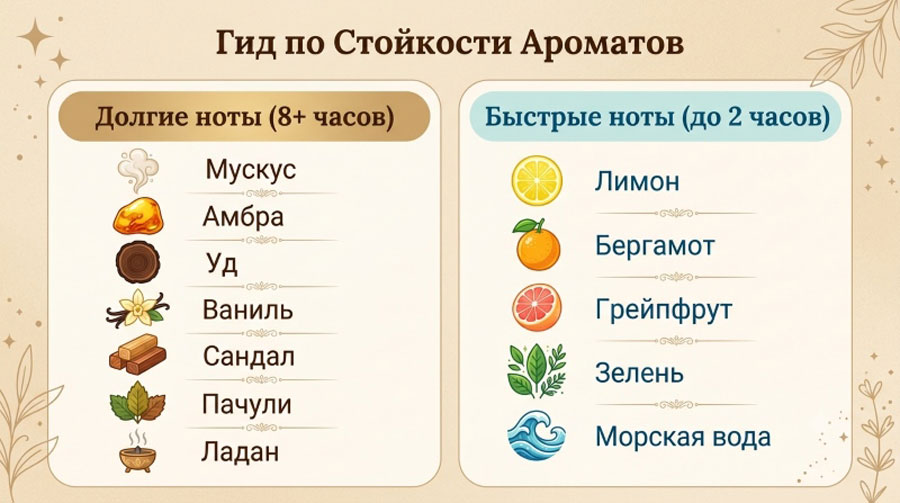 Инфографика "Гид по Стойкости Ароматов": сравнение долгих нот (мускус, амбра, уд, ваниль, сандал, пачули, ладан) и быстрых нот (лимон, бергамот, грейпфрут, зелень, морская вода) с иллюстрациями ингредиентов
