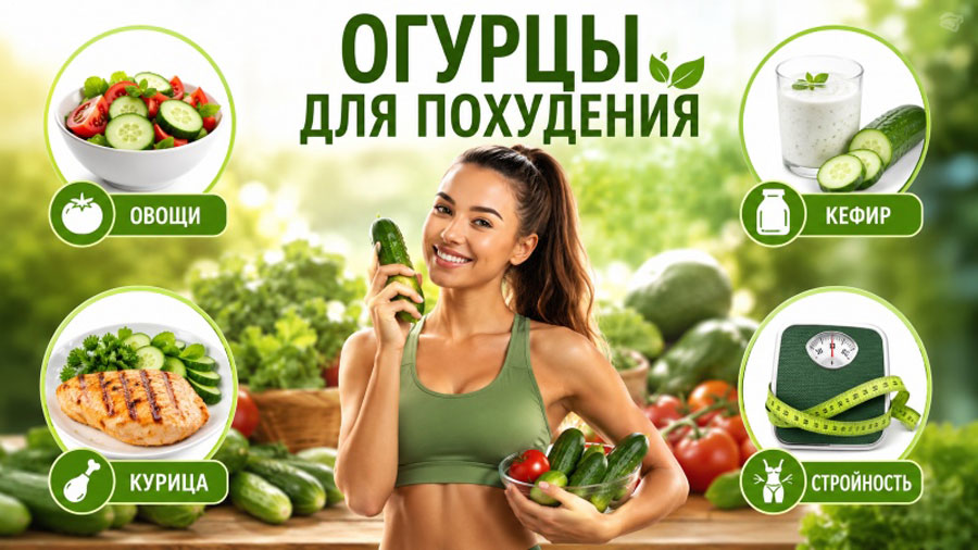Женщина в спортивной одежде держит огурец и корзину с овощами на фоне зелени. Инфографика с иконками: салат, кефир, курица, весы и лента для измерения талии. Текст: "Огурцы для похудения".