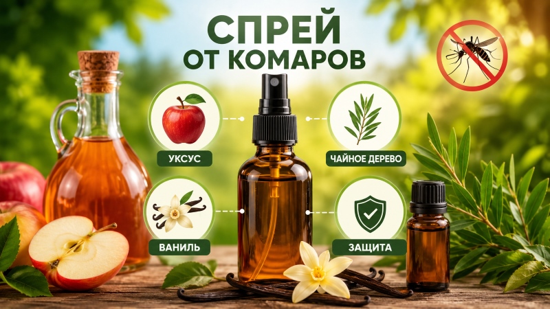 Спрей от комаров с натуральными ингредиентами: яблочный уксус, масло чайного дерева, ваниль и средства защиты на деревянном столе.
