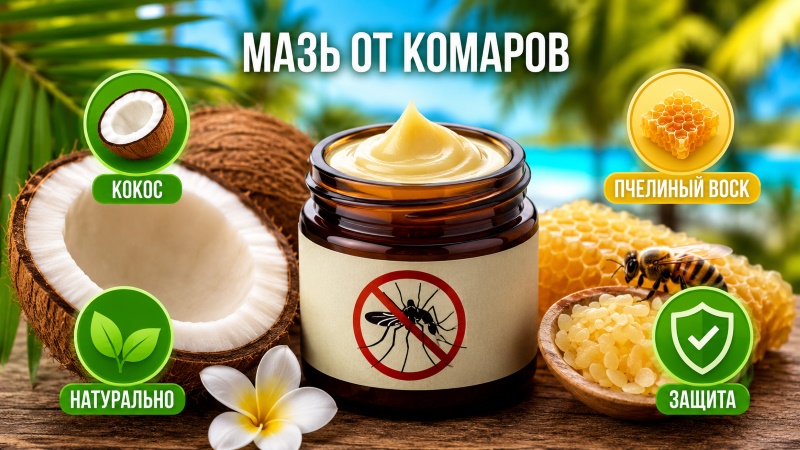Баночка натуральной мази от комаров с кокосовым маслом и пчелиным воском, окруженная ингредиентами: кокос, мед, цветок и значок защиты.
