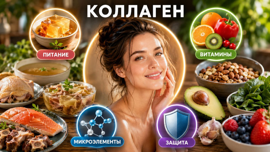 Коллаген для кожи: женщина с упругой кожей, окруженная продуктами, богатыми коллагеном, витаминами и микроэлементами