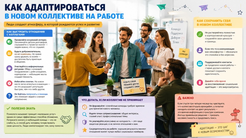 Инфографика: Как адаптироваться в новом коллективе на работе и сохранить себя