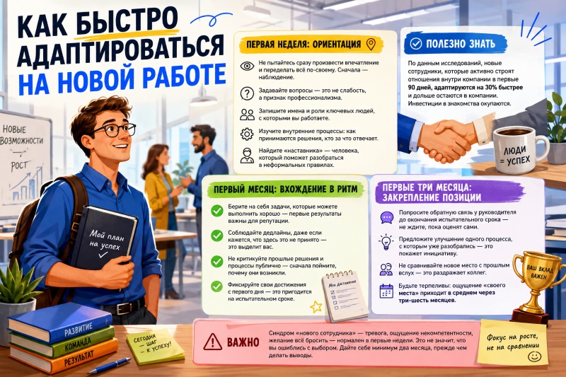 Инфографика: Этапы адаптации на новой работе — ориентация, вход в ритм и закрепление позиции.