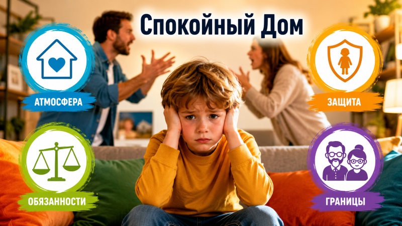 Ребёнок закрывает уши руками на фоне ссорящихся родителей. Иллюстрация к статье о том, как учитывать соображения в семье: атмосфера, обязанности, защита, граница
