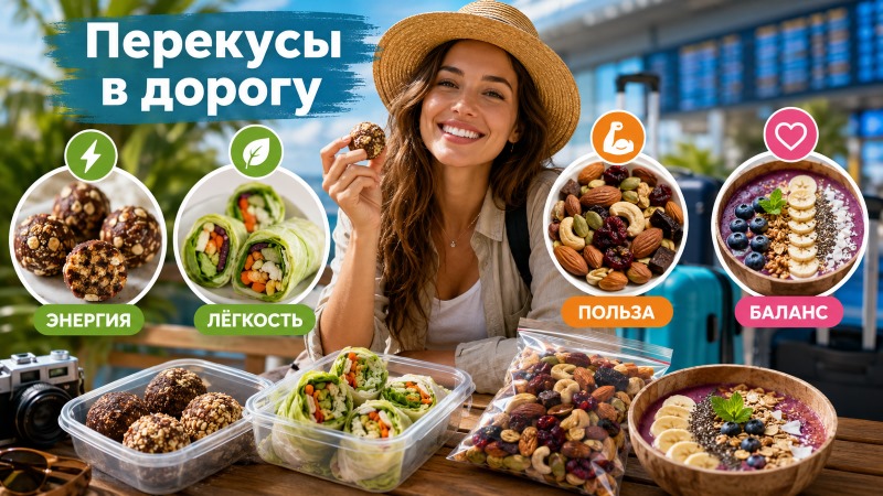 Девушка в шляпе держит энергетический батончик на фоне здоровых перекусов: орехов, фруктов, салатов и смузи. Надпись: "Перекусы в дорогу"