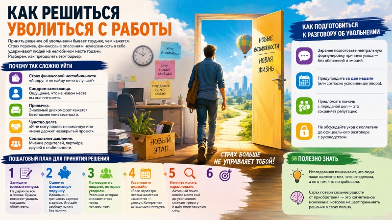 Инфографика: Как решиться уволиться с работой и подготовиться к разговору о представлении
