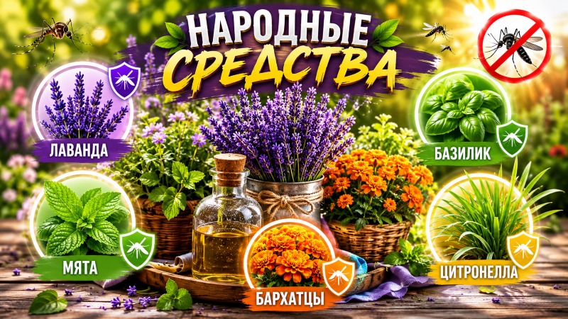 Народные средства от комаров: лаванда, мята, базилик, цитронелла, бархатцы и бутылка эфирного масла на фоне сада.