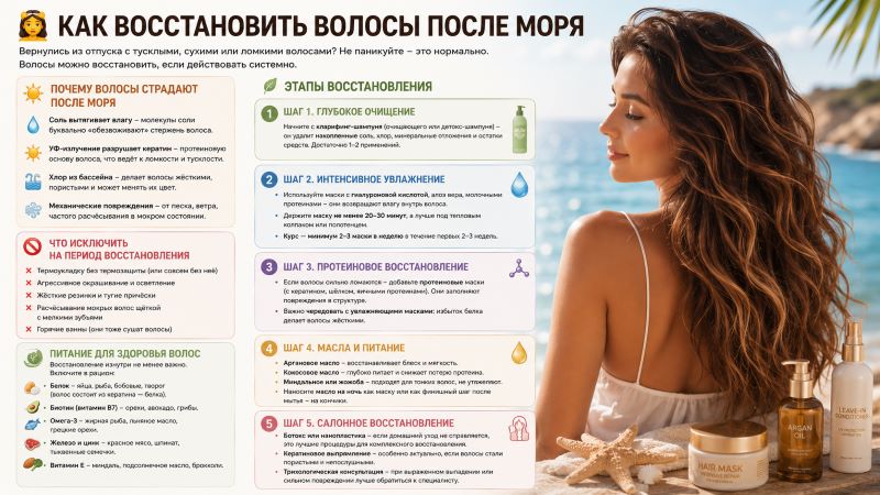 Как восстановить волосы после моря: пошаговый уход