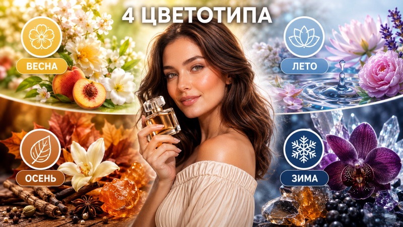 Женщина с флаконом духов на фоне четырех цветотипов: Весна, Лето, Осень, Зима — иллюстрация к выбору аромата по цветотипу