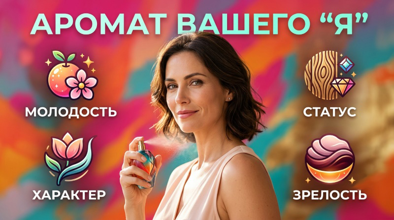 Женщина с флаконом духов на фоне ярких символов: молодость, статус, характер, зрелость — иллюстрация к выбору аромата по личным качествам