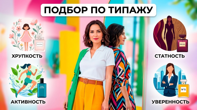 Две женщины в ярких нарядах на фоне символов: хрупкость, активность, статность, уверенность — иллюстрация подбора аромата по типу личности