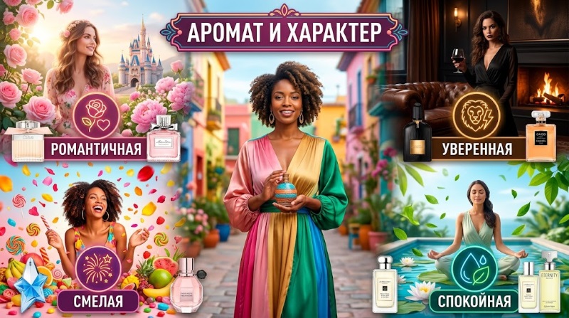 Женщина в ярком платье держит флакон духов, окруженная символами четырех типов характера: романтичная, смелая, уверенная, спокойная