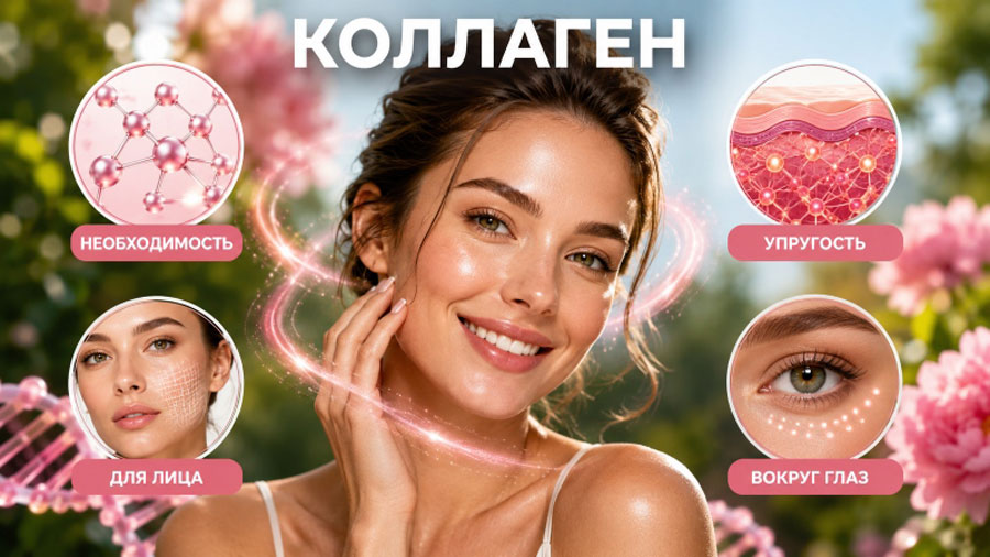 Коллаген для кожи: женщина с сияющей кожей, окруженная визуализацией молекул коллагена, структуры кожи, а также акцентами на упругость, необходимость для лица и зону вокруг глаз