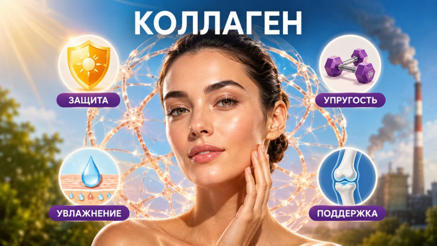 Коллаген: женщина с ухоженной кожей, окруженная символами защиты, упругости, увлажнения и поддержки суставов
