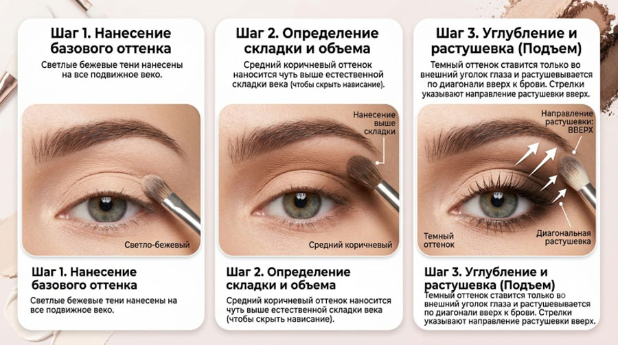 Пошаговое руководство по макияжу глаз: нанесение базового оттенка, коррекция складок и растушевка