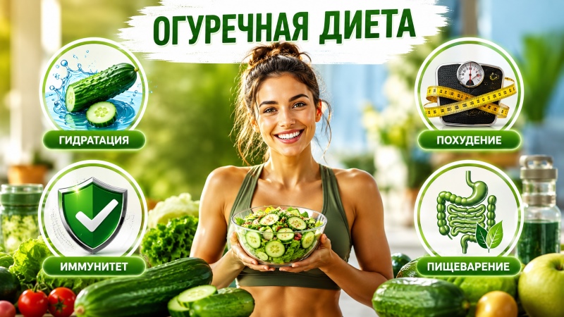 Женщина с салатом из огурцов на фоне свежих овощей и фруктов, иллюстрирующая концепцию огуречной диеты: гидратация, похудение, иммунитет и пищеварение.