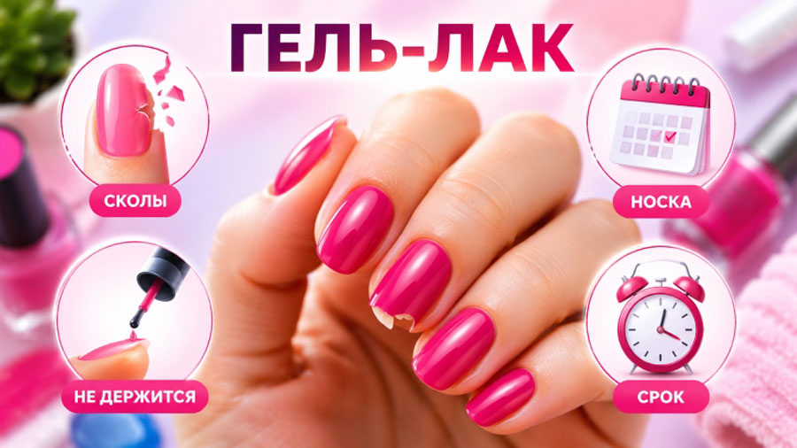 Рука с маникюром гель-лаком, окруженная иконками: сколы, отслойка, срок носки и устойчивость