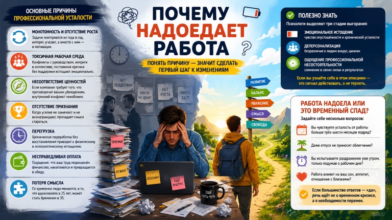 Инфографика: Основная причина профессиональной усталости и признаки того, что работа надоела.