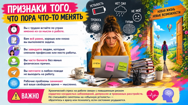 Инфографика: Признаки профессионального выгорания и сигналы того, что пора менять работу.