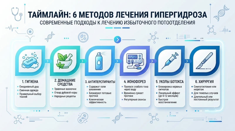 Инфографика: 6 методов лечения гипергидроза — современные подходы к лечению избыточного потоотделения