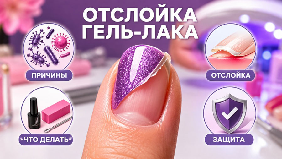Ноготь с отслойкой гель-лака, окруженный иконками: причины, что делать, отслойка и защита