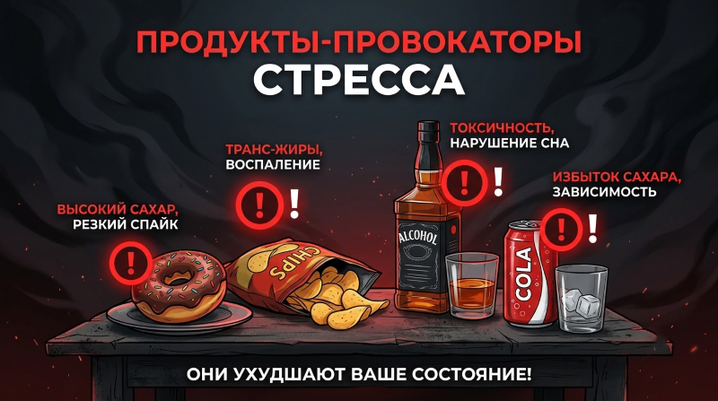 Инфографика Продукты-провокаторы стресса: пончик, чипсы, алкоголь, газированные напитки с подписями о вреде (высокий сахар, транс-жиры, токсичность, избыток сахара).