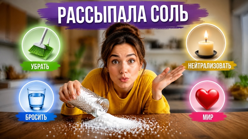 Женщина рассыпает соль на стол. Иллюстрация к статье о суевериях и ритуалах: убрать, бросить, нейтрализовать, мир.