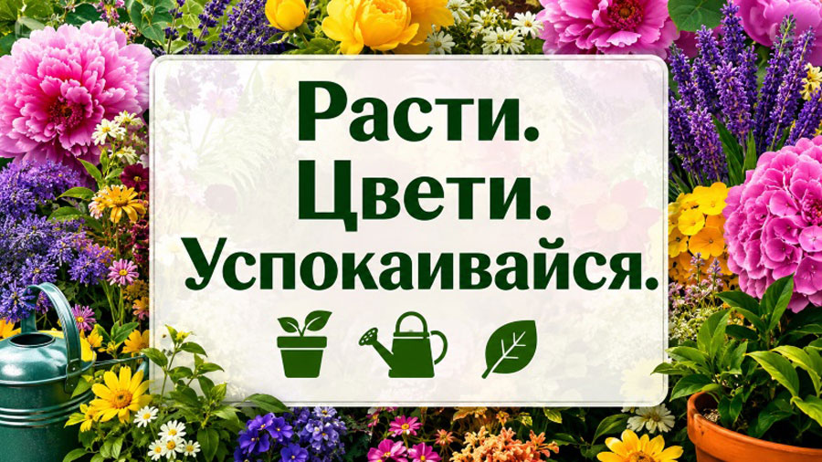 Яркий букет цветов с надписью 'Расти. Цвети. Успокаивайся.' на фоне зелени и садовых аксессуаров