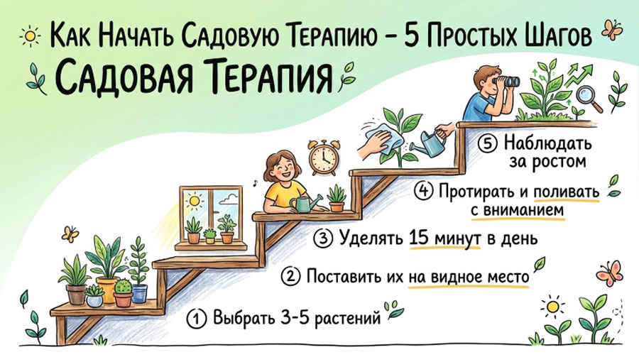 Иллюстрация с 5 простыми шагами для начала садовой терапии: выбрать растения, поставить на видное место, уделять время, ухаживать и наблюдать за ростом