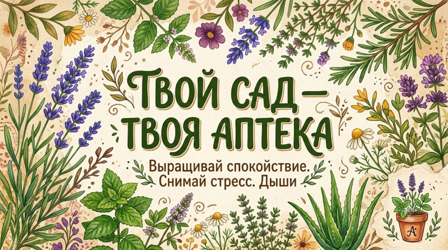 Иллюстрация с надписью 'Твой сад — твоя аптека' на фоне рисунков лекарственных растений: лаванды, ромашки, мяты, алоэ и других трав