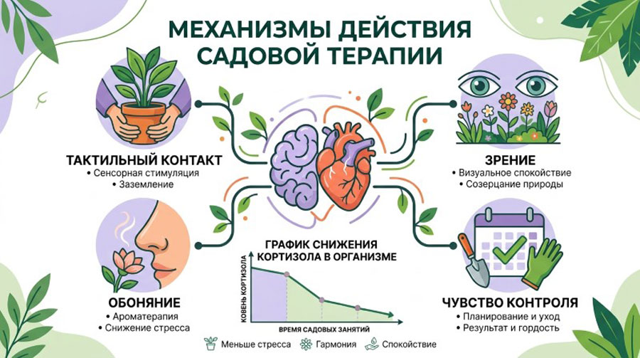 Инфографика о механизмах действия садовой терапии: тактильный контакт, обоняние, зрение, чувство контроля и их влияние на снижение кортизола