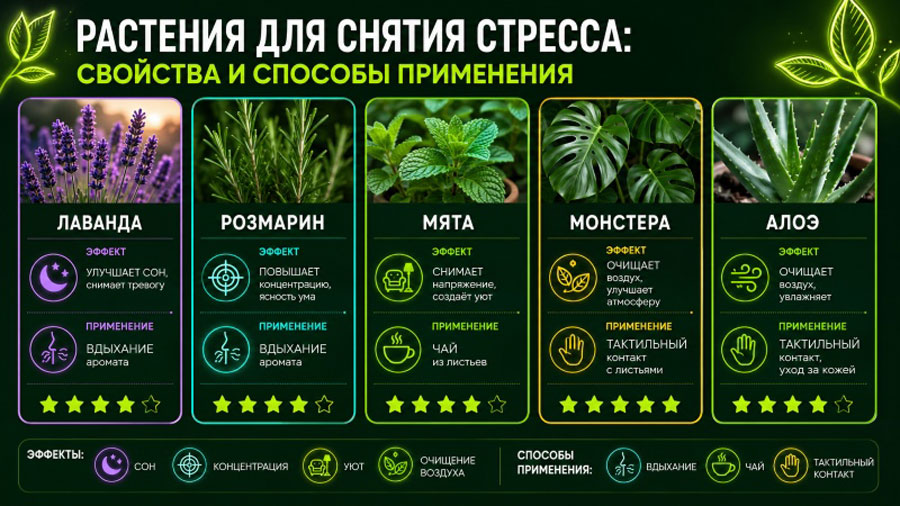 Инфографика о растениях для снятия стресса: лаванда, розмарин, мята, монстера, алоэ — их свойства и способы применения