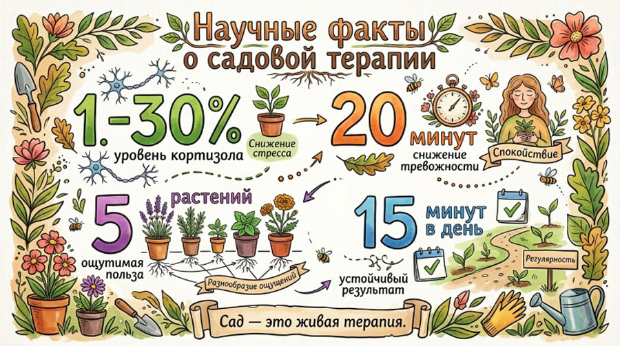 Инфографика с научными фактами о садовой терапии: снижение кортизола на 30%, уменьшение тревожности за 20 минут, 5 растений для ощутимой пользы, 15 минут в день для устойчивого результата