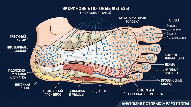 Анатомия потовых желез стопы: схема расположения эккринных потовых желез и связанных структур