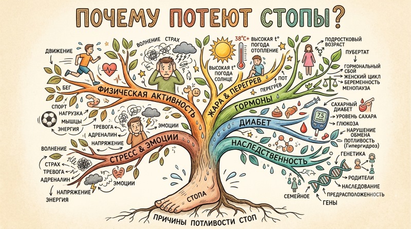 Майндмэп: причины потливости стоп — физическая активность, жара и перегрев, гормоны, диабет, наследственность, стресс и эмоции