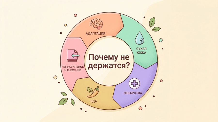 Диаграмма "Почему не держится?" с причинами низкой стойкости парфюма: адаптация, сухая кожа, лекарства, еда, неправильное нанесение