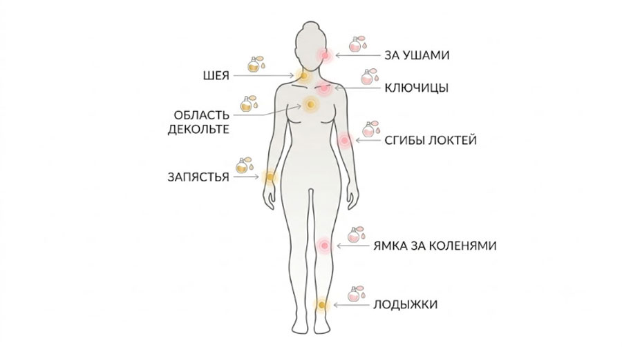 Схема точек нанесения духов на теле: шея, за ушами, ключицы, область декольте, сгибы локтей, запястья, ямка за коленями, лодыжки