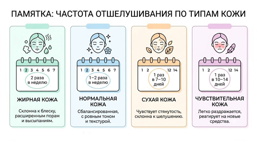Памятка: частота отшелушивания кожи по типам — жирная (2 раза в неделю), нормальная (1–2 раза в неделю), сухая (1 раз в 7–10 дней), чувствительная (1 раз в 10–14 дней)