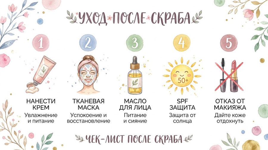 Чек-лист ухода после скраба: 1) нанести крем, 2) тканевая маска, 3) масло для лица, 4) SPF защита, 5) отказ от макияжа
