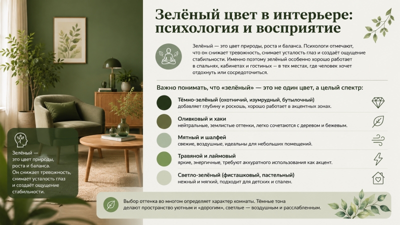 Зелёный цвет в интерьере: психология и восприятие оттенков