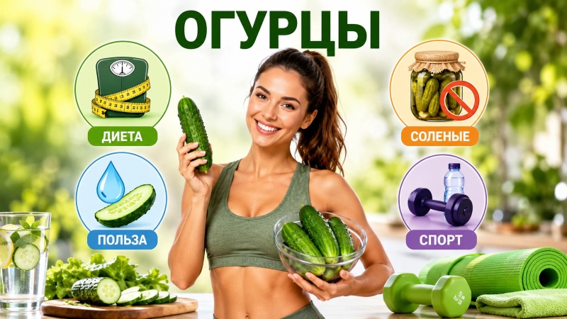 Женщина в спортивной одежде держит огурец и миску с огурцами на фоне иконок: диета, польза, соленье (запрещено), спорт.