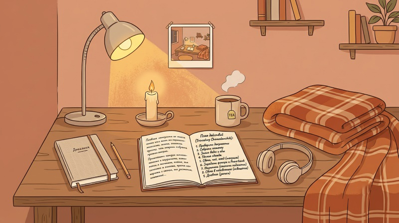 Уютный рабочий стол с открытой книгой, чашкой чая, свечой, лампой, наушниками и пледом на деревянной поверхности