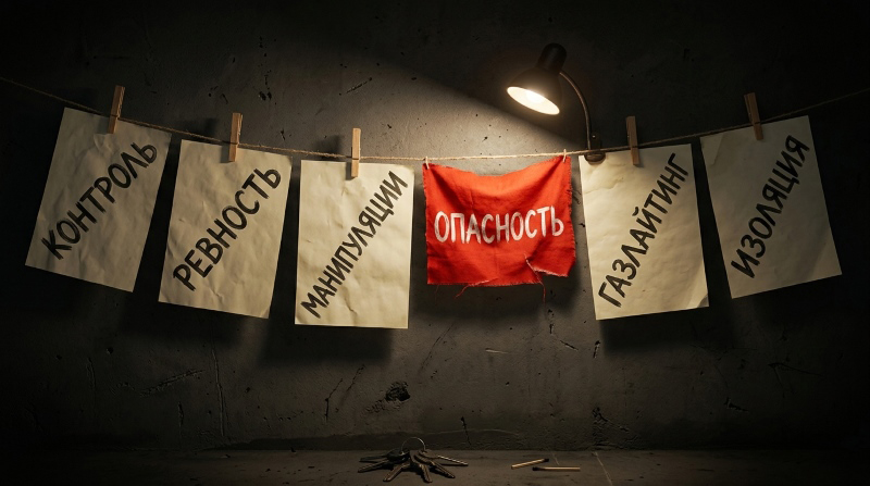 Белые листы с надписями "Контроль", "Ревность", "Манипуляции", "Опасность", "Газлайтинг", "Изоляция" на прищепках, среди них выделен красный лист с словом "Опасность"