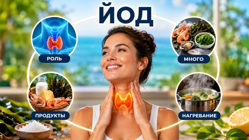 Женщина держится за горло с выделенной щитовидной железой на фоне продуктов, богатых йодом: морепродуктов, водорослей, молочных продуктов и блюд, приготовленных с сохранением полезных веществ
