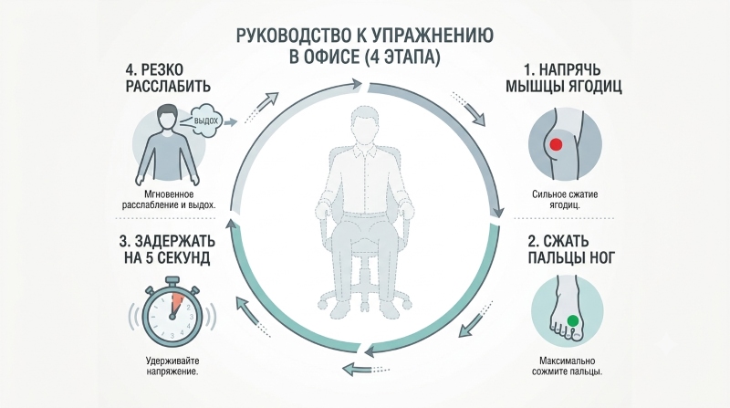 Инфографика с 4 этапами упражнения для расслабления в офисе: напрячь мышцы ягодиц, сжать пальцы ног, задержать на 5 секунд, резко расслабить. В центре — silhouette человека на стуле.