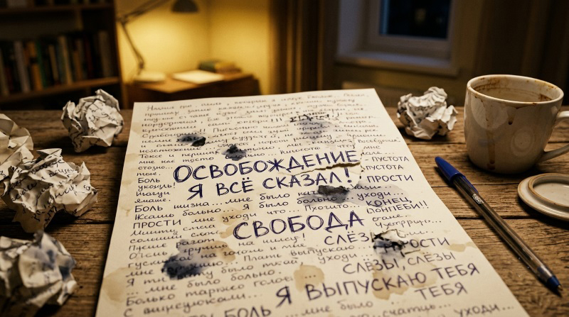 Рукописный список слов на тему освобождения и свободы на столе с чашкой кофе, ручкой и комками бумаги — символ поиска внутреннего спокойствия.