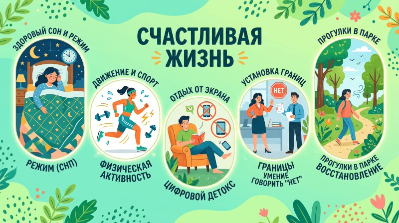 Инфографика 'Счастливая жизнь' с иллюстрациями: здоровый сон и режим, движение и спорт, отдых от экрана, установка границ, прогулки в парке. Каждый пункт подкреплён визуальными примерами.